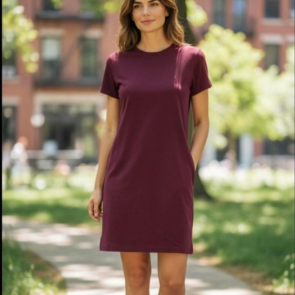 Classic Fit Cotton Blend T-Shirt Dress Garnet burgundy above the knee length